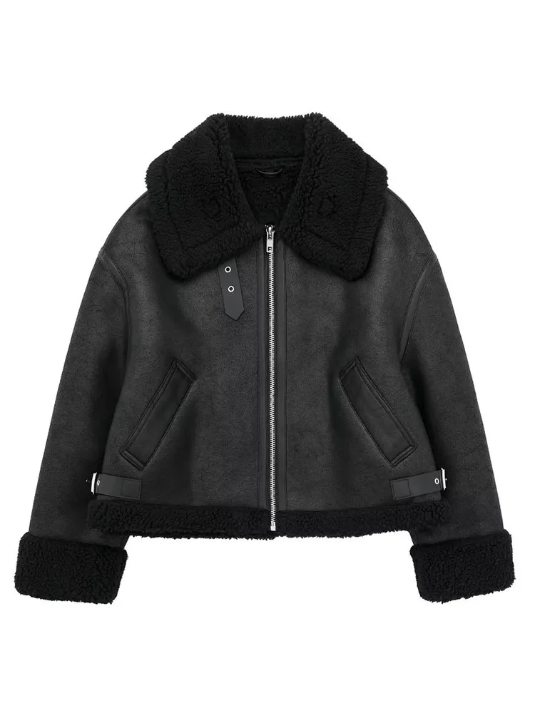 

TRAF Women's Faux Leather Fur Lambswool Cropped Jacket Fashion Thicken Lapel Collar Short Overcoat Winter Lady Warm Outwear
