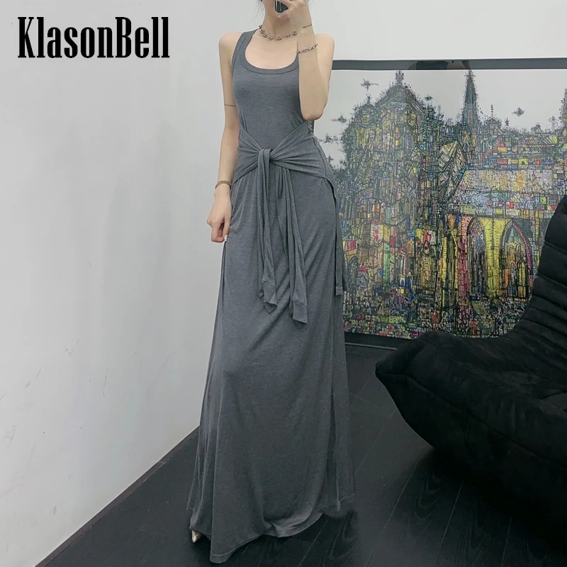 

3.26 KlasonBell Fashion Casual Ribbon Bandage Decoration Stretch Knit Slim Maxi Dress Women U-Neck Sleeveless Tank Dress