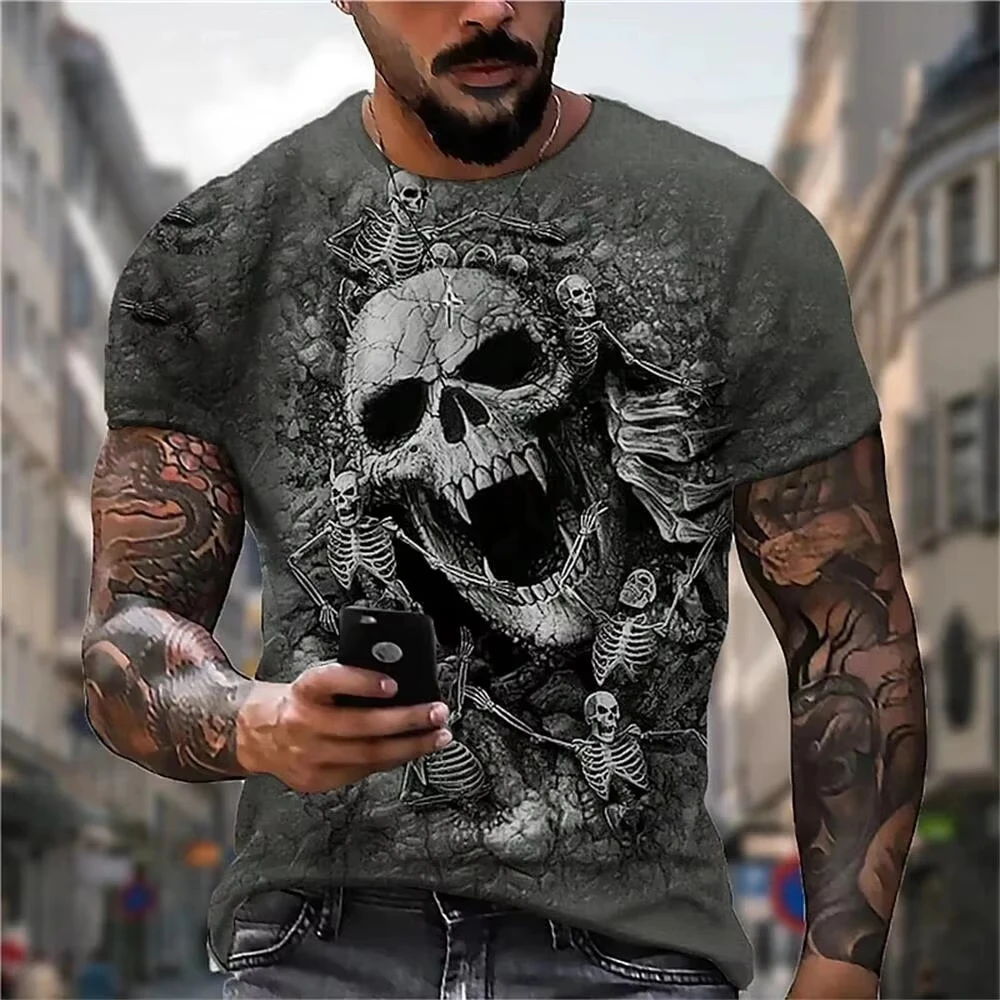 Men's Casual T-Shirt, Gothic Skull Heart Hands Graphic Black Short Sleeve Crew Men Tee Cool Streetwear Halloween Fashion T-shirt