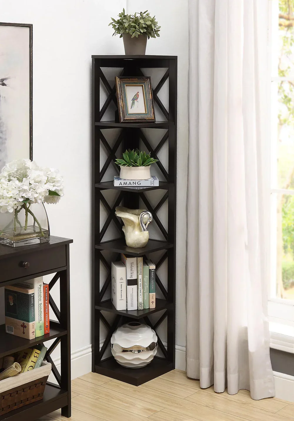 

5 Tier Corner Bookcase, Espresso ,Indoor Flower Pot Rack,Bedroom bookcase