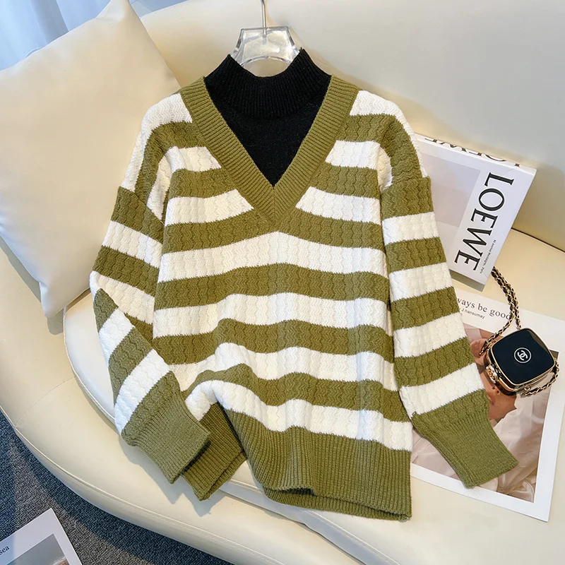 

2022 New Autumn Winter Women Fake Two Piece Pullover Sweater High Quality Fashion Contrast Color Striped Knitted Sweater