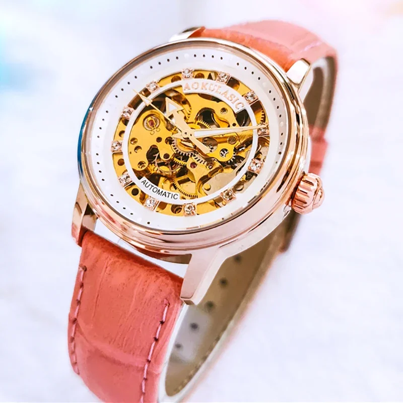 

AOKULASIC 2023 Luxury Pink Woman Watches Automatic Mechanical Wristwatch Lady Fashion Business New Ladies Clock Relogio Feminino