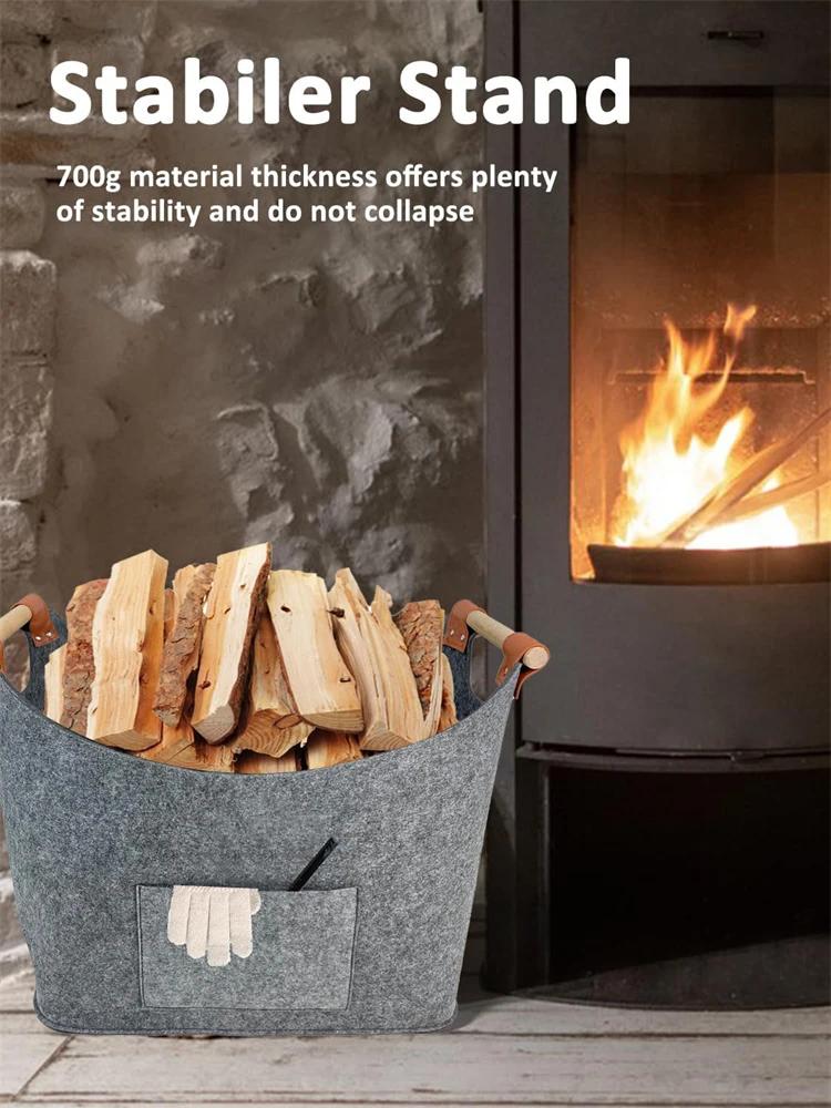 Felt Basket Firewood Box with Wooden Handles Foldable Wood Basket for Firewood Wood Newspapers Clothes Storage Basket 3