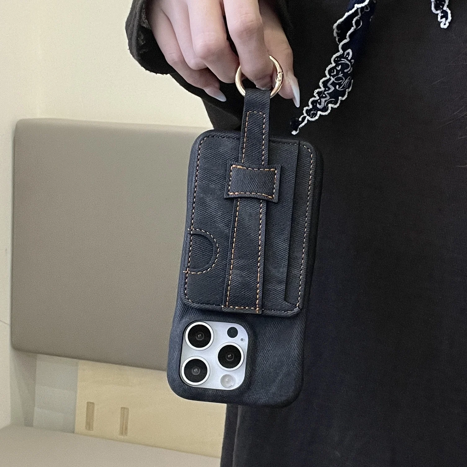 Luxury Denim Leather Wrist Strap Wallet with Card Holder and Shockproof Back Cover