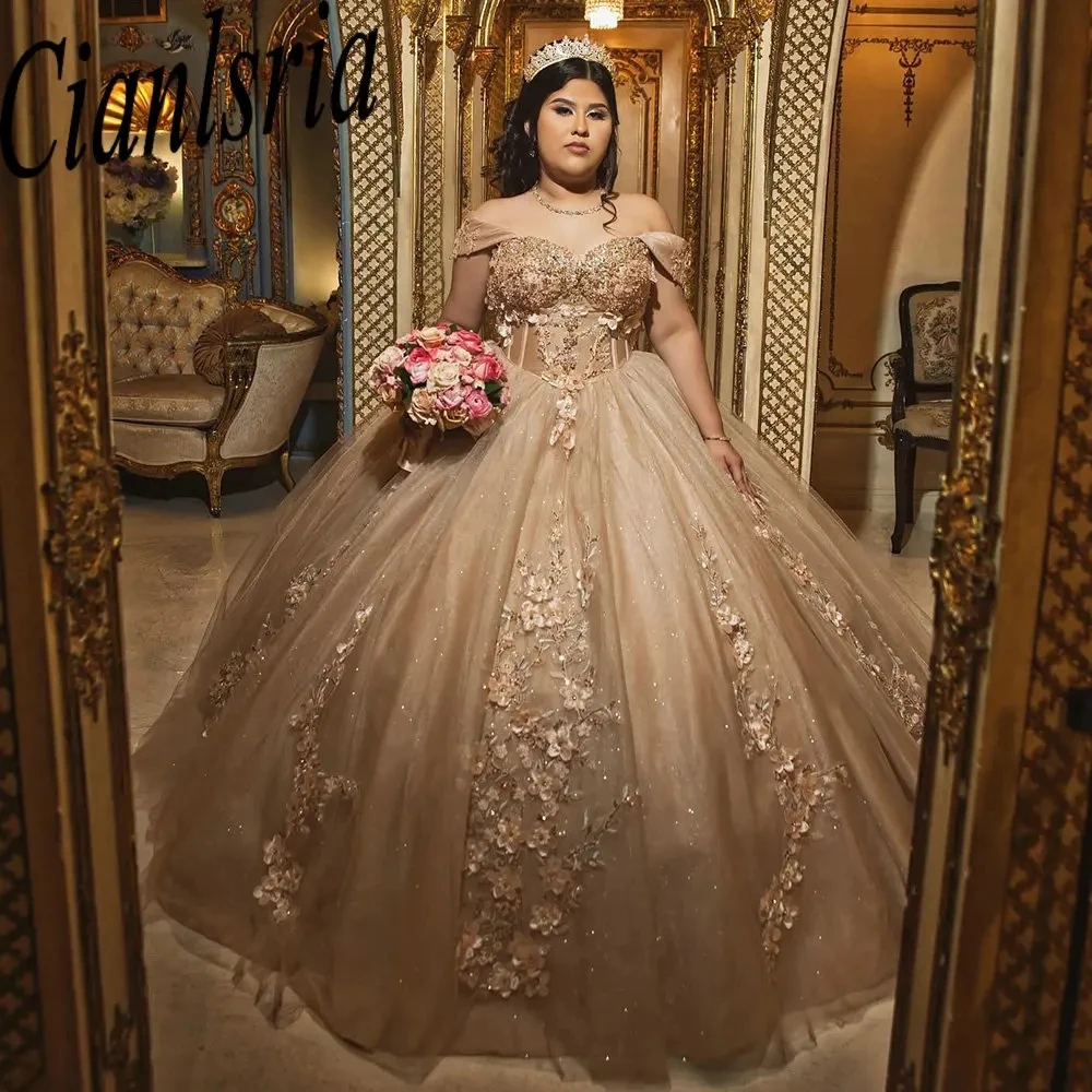 

Champagne Beading Crystal 3D Flowers Quinceanera Dresses Ball Gown Off The Shoulder Appliques Lace Sweet 15 Birthday