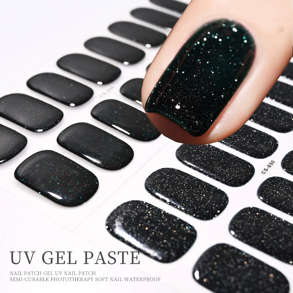 16Tips French Semi-Cured Nail Stickers With Glitter Long-Lasting UV Gel Nail Polish Wraps Full Cover Art Decals Patch nail stickers