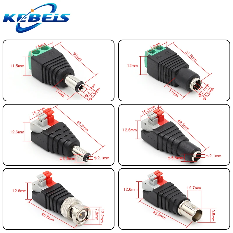 2/5/10PCS DC 12V Male Female BNC Connectors 5.5*2.1mm/2.5mm Welding-Free Power DC Plug Adapter Jack Sockets for LED CCTV Camera