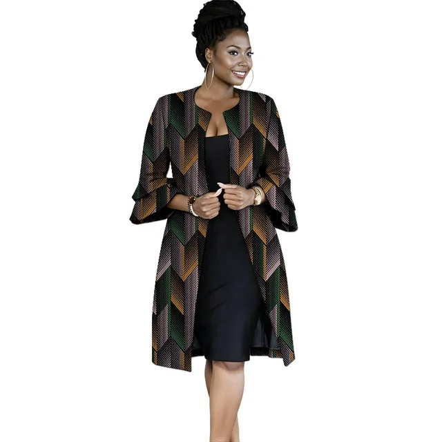 Double Layered Lotus Sleeves Women's Coats African Print Collarless Cardigan Long Jacket Retro Style Female Ankara Outfit 5