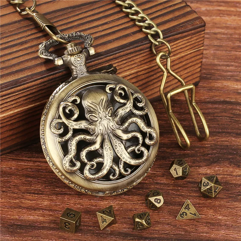 Metal Polyhedral Dice Set 7pcs/set with Hollow Octopus Pocket Watch Chain for Role Play