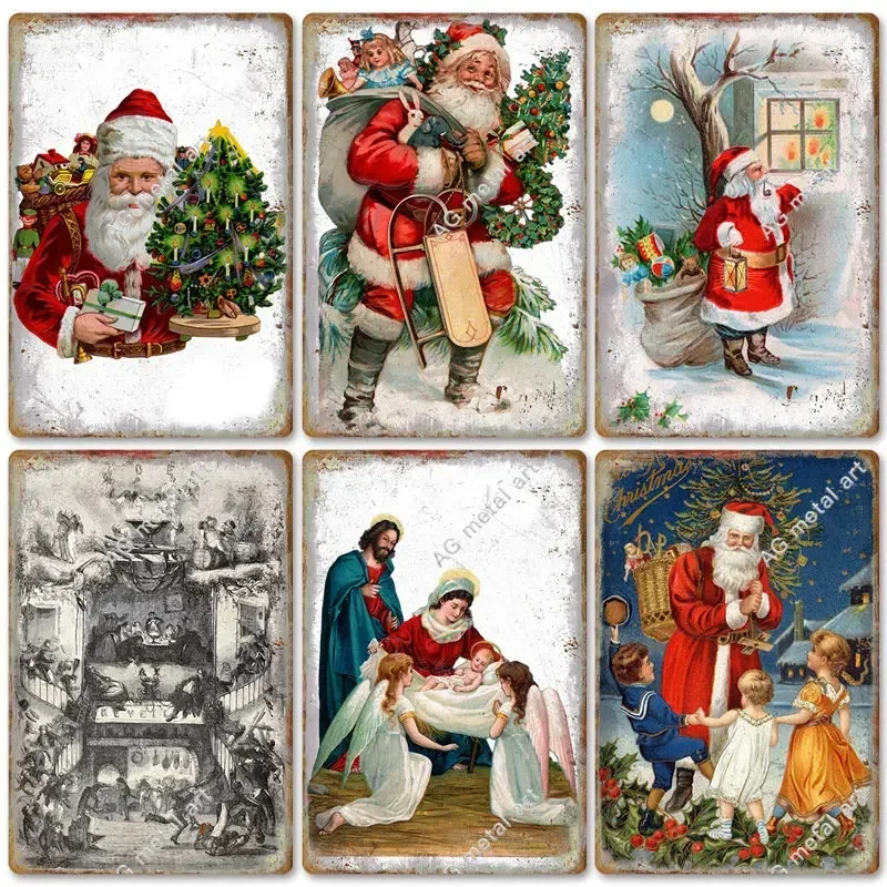 

New Christmas Merry Christmas Vintage Tin Painting Festive Background Wall Decoration Frameless Hanging Picture poster