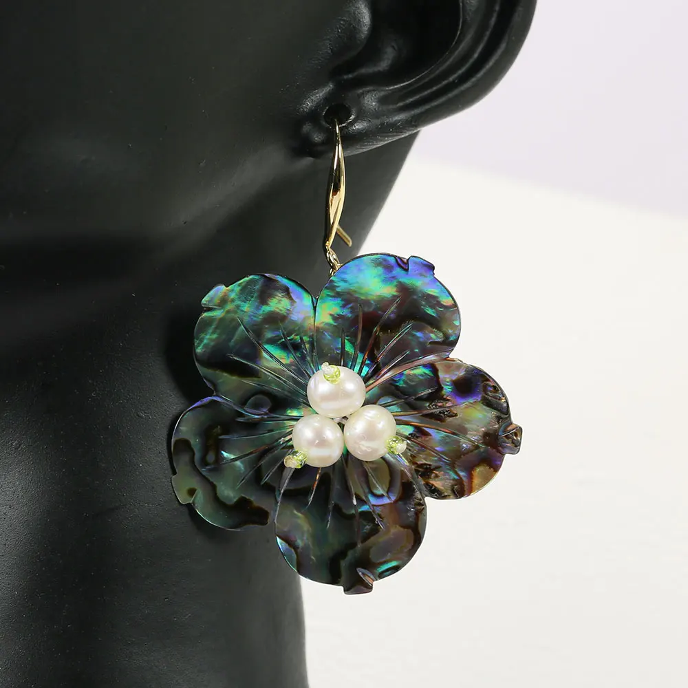 GG Natural White Pearl Rainbow Color Abalone Shell Flower Hook Earrings Simple Gifts For Women