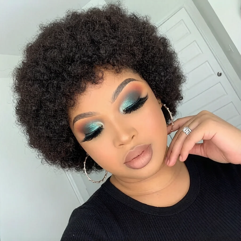 인모 아프로 가발, 여성용 짧은 곱슬머리 픽시컷 가발, 레미 인모, 내추럴 블랙..