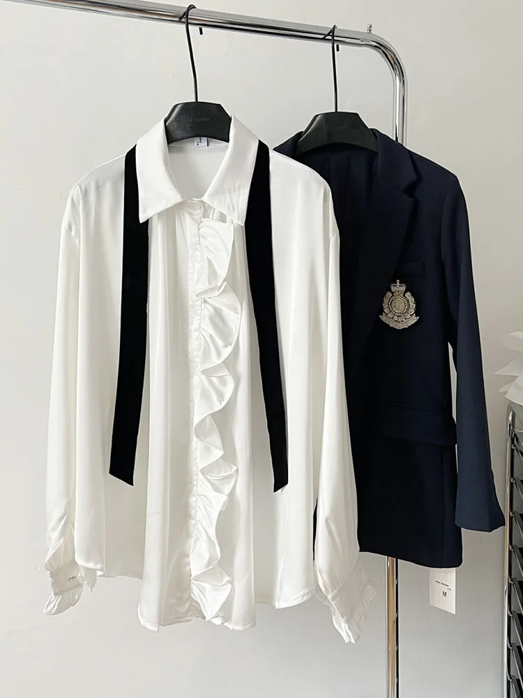 

Однотонные блузки в стиле преппи, шикарный тонкий топ на шнуровке с отложным воротником, Женские Простые повседневные рубашки, новый дизайн, тренд на осень и зиму