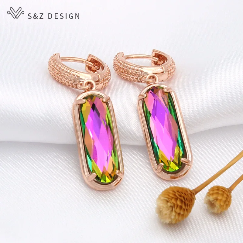 S&Z DESIGN New Luxury Oval Egg Shape Crystal Dangle Earrings For Women Wedding Elegant Party Jewelry 585 Rose Gold Color Gift