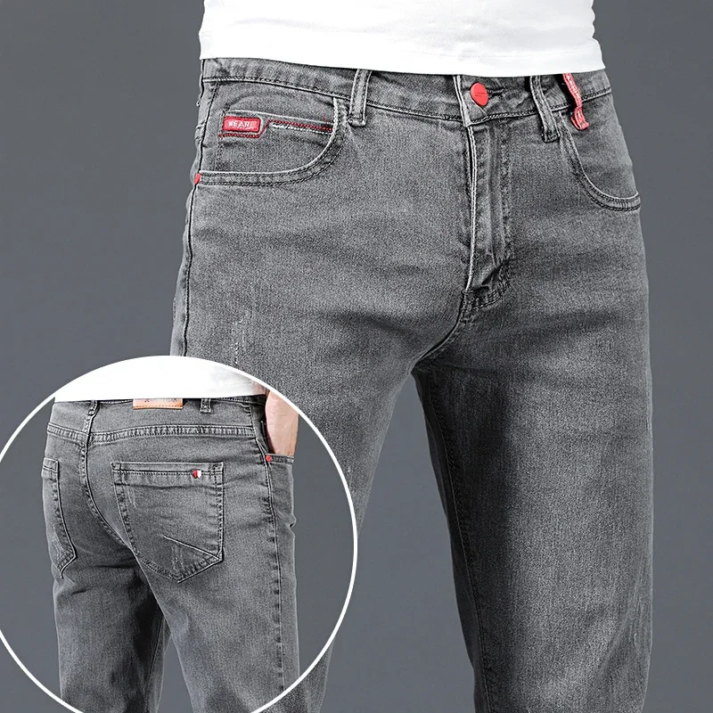 2024 New Men's Cotton Business Casual Skinny Jeans Trendy Fashionable Stretch Straight Slim Denim Trousers Male Blue Grey 4