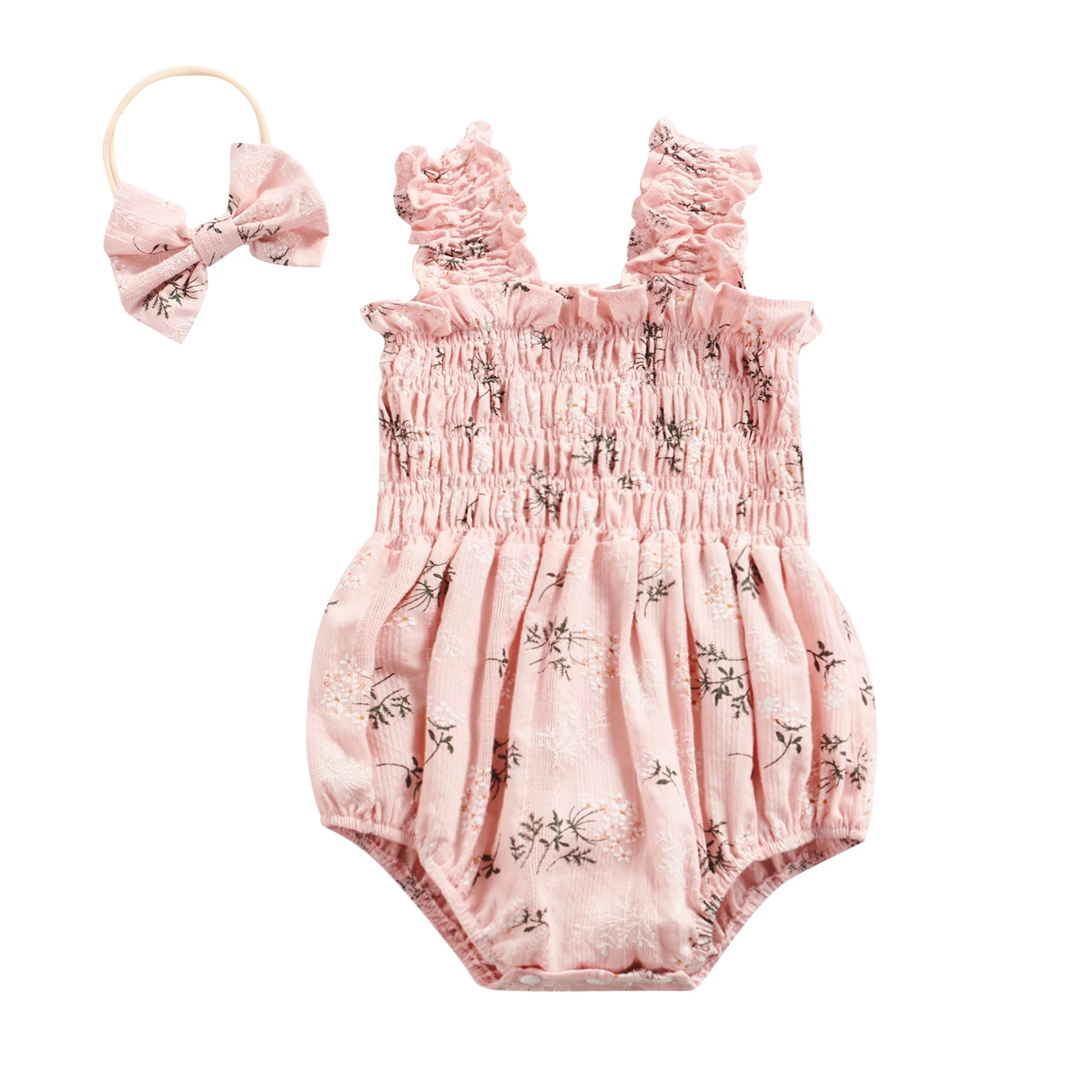 Infant Baby Girl's Sleeveless Jumpsuit Floral Print Elastic Bust Shoulder Straps Romper Bow Headband cool baby bodysuits	 Baby Rompers