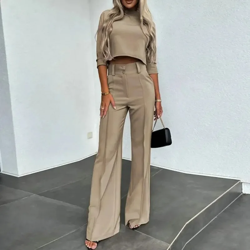 Women Casual Long Sleeve Cropped Top and Blazer Pant Suit