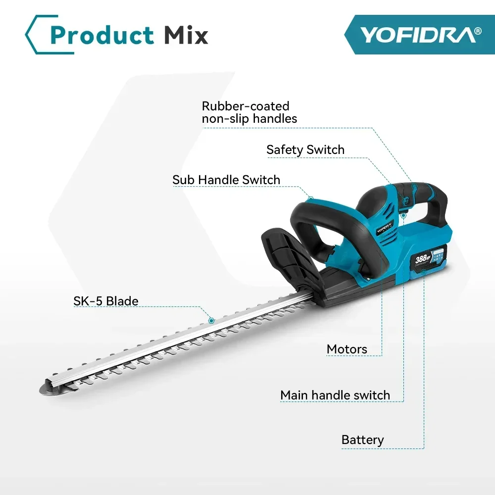 YOFIDRA 2000W Electric Hedge Trimmer Efficient Cordless Rechargeable Garden Shrub Pruning Power Tools For Makita 18V Battery 3