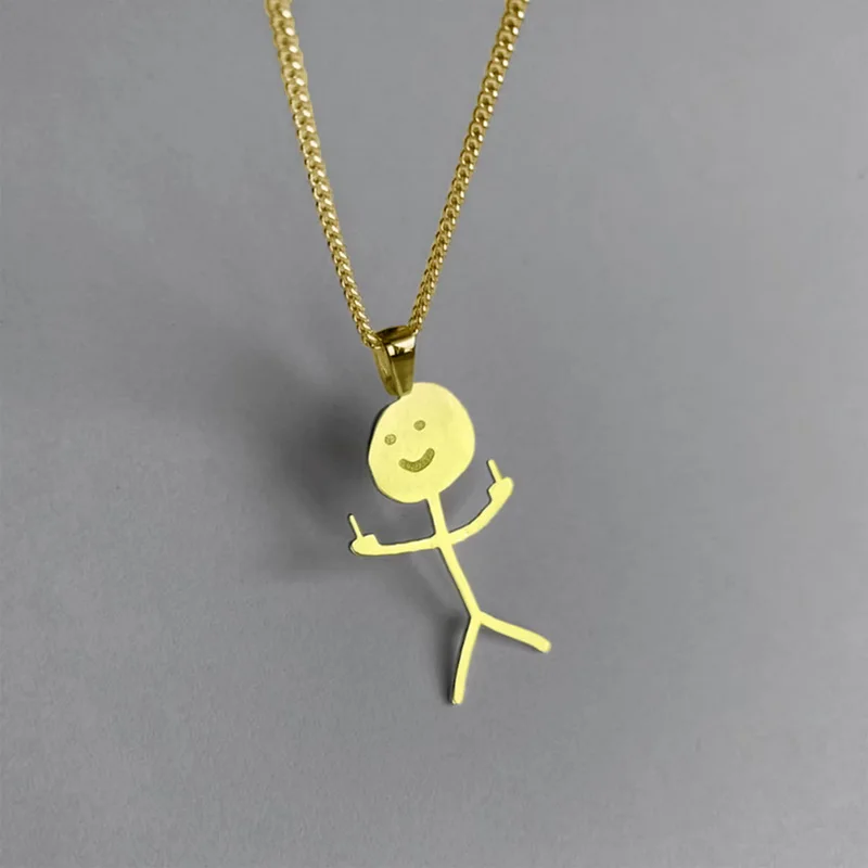 Funny Swearing Stick Man Necklace Pendant with Chain - Silver High Grade  Stainless Steel - Middle Finger Flipping the Bird - Cute Minimalist  Jewellery Gift for Men or Women - Smiley Guy -