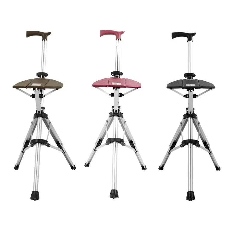 Walking Cane Aluminum Alloy Foldable With Seat Adjustable Elderly Crutch Chair With Stool