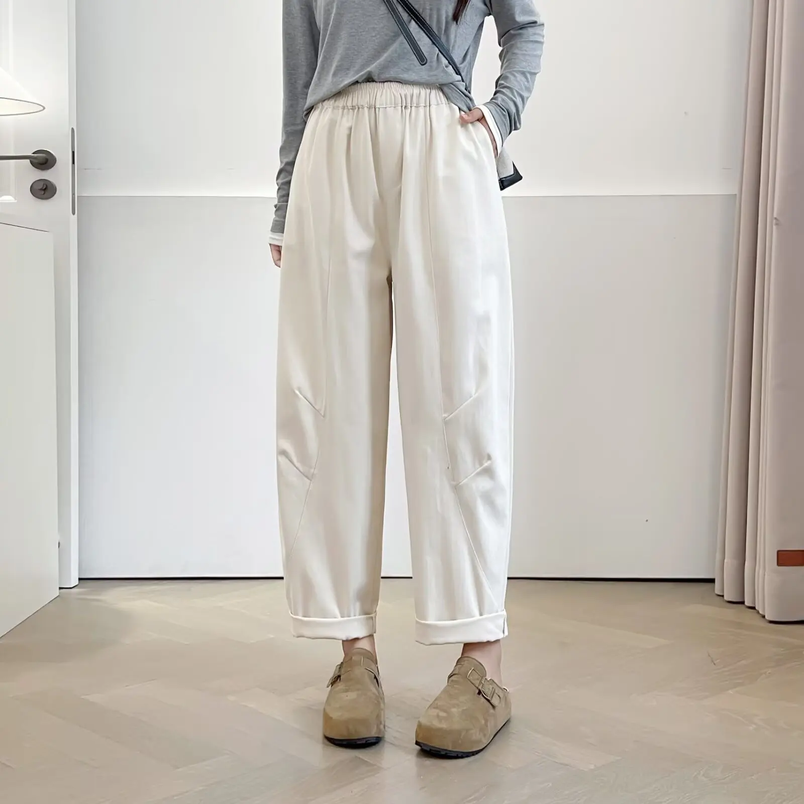 XXXXL Fashion Plus Size Women's Harem Pants Autumn New Style Simple Fold  Washed Cotton Casual Ankle-Length Trousers 2570