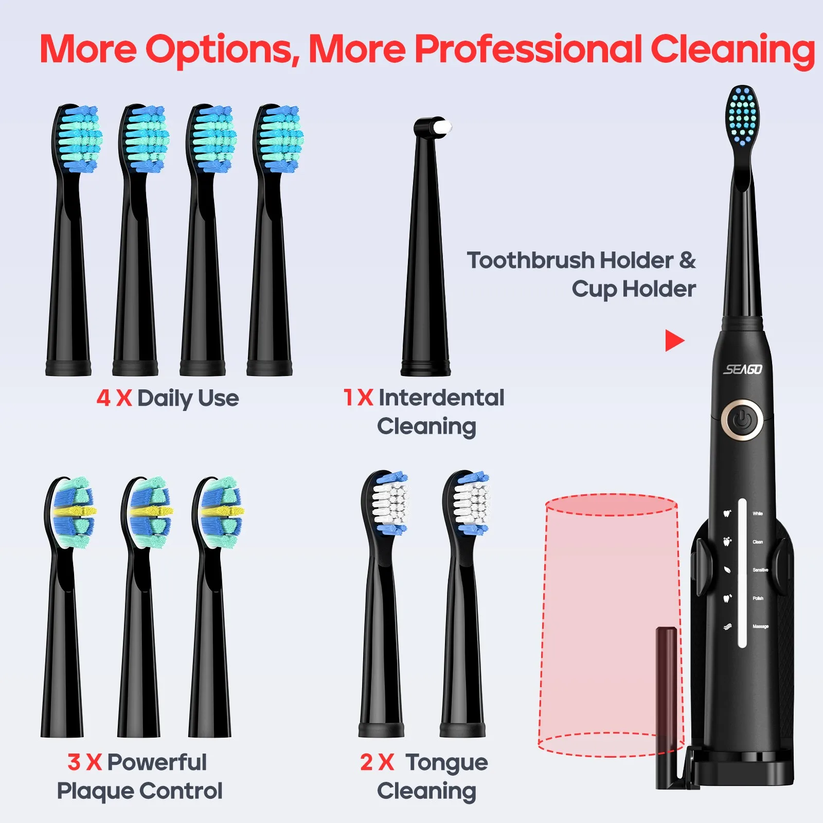 Seago Sonic Electric Toothbrush USB Rechargeable Adult Ultrasonic Teeth Cleaning 10 Replacement Toothbrush Heads