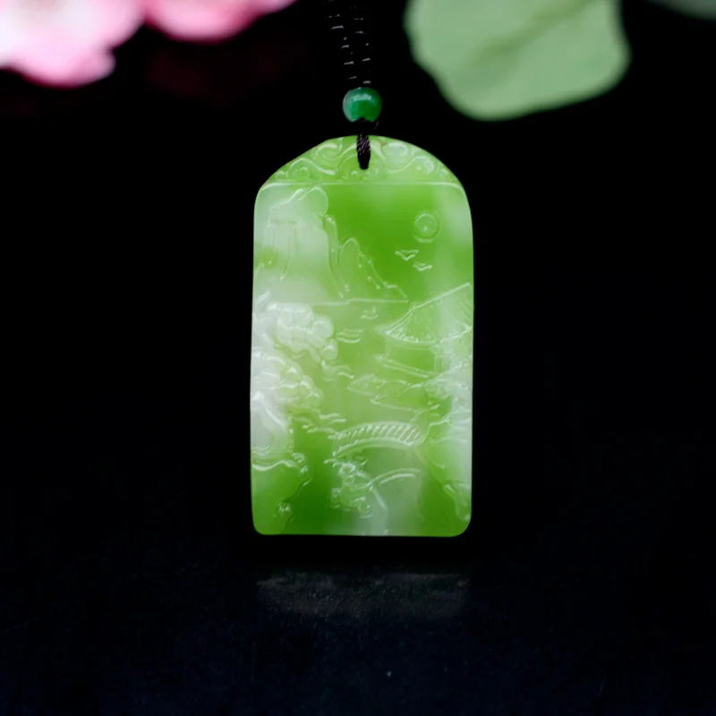 

Ожерелье с подвеской с зеленым и белым нефритовым пейзажем, Китайская натуральная Нефритовая Резка вручную, модные очаровательные ювелирные изделия, амулет, подходит для женщин и мужчин