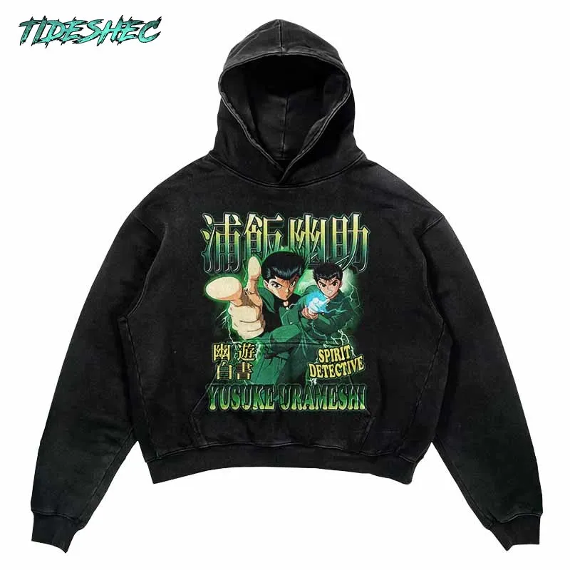 

2024 винтажная толстовка с капюшоном, Мужская Уличная одежда, Свитшот в стиле хип-хоп Harajuku, худи с японским аниме графическим принтом, черный пуловер с капюшоном YYBS