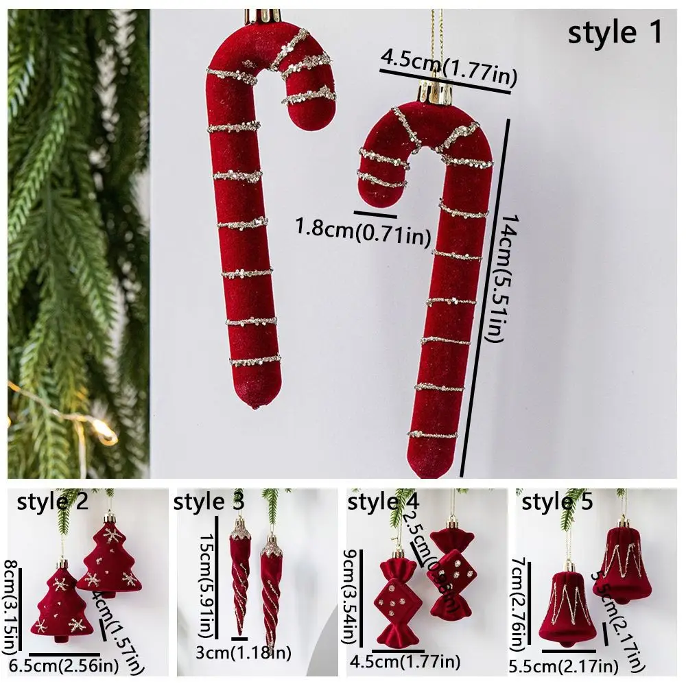2pcs Red Christmas Tree Pendants Lollipop Flocked Candy Cane Pendants Bow Bell Xmas Tree Pendant Home Decoration