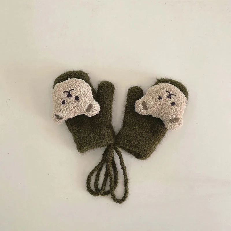 Korean Bear Baby Gloves Winter Hanging Neck Boy Girl Thick Warm Fingerless Mittens Outdoor Anti-Cold Kids Anti-Cold Gloves 1-4Y 3