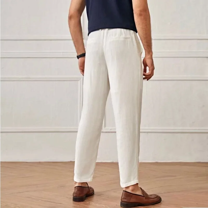 New Men's Cotton Linen Long Pants Summer Solid Color Breathable Linen Trousers Male Casual Elastic Waist Casual  Harajuku Trous