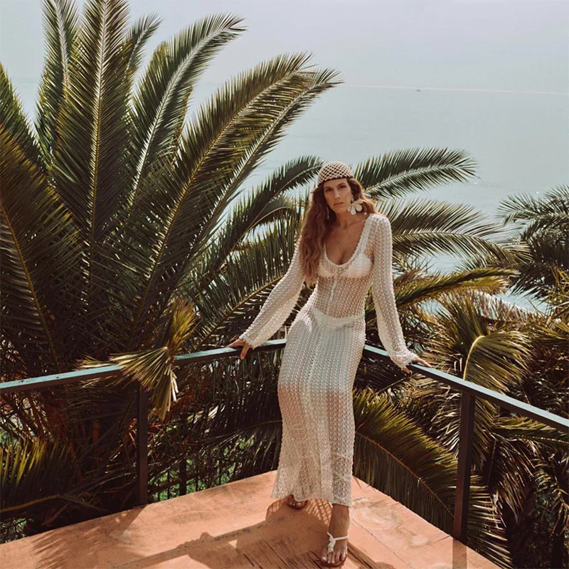 Summer Hollow Out V-Neck Cover up Maxi Dress - Women's Beach Holiday See-Through Sexy High Waist Long Dress