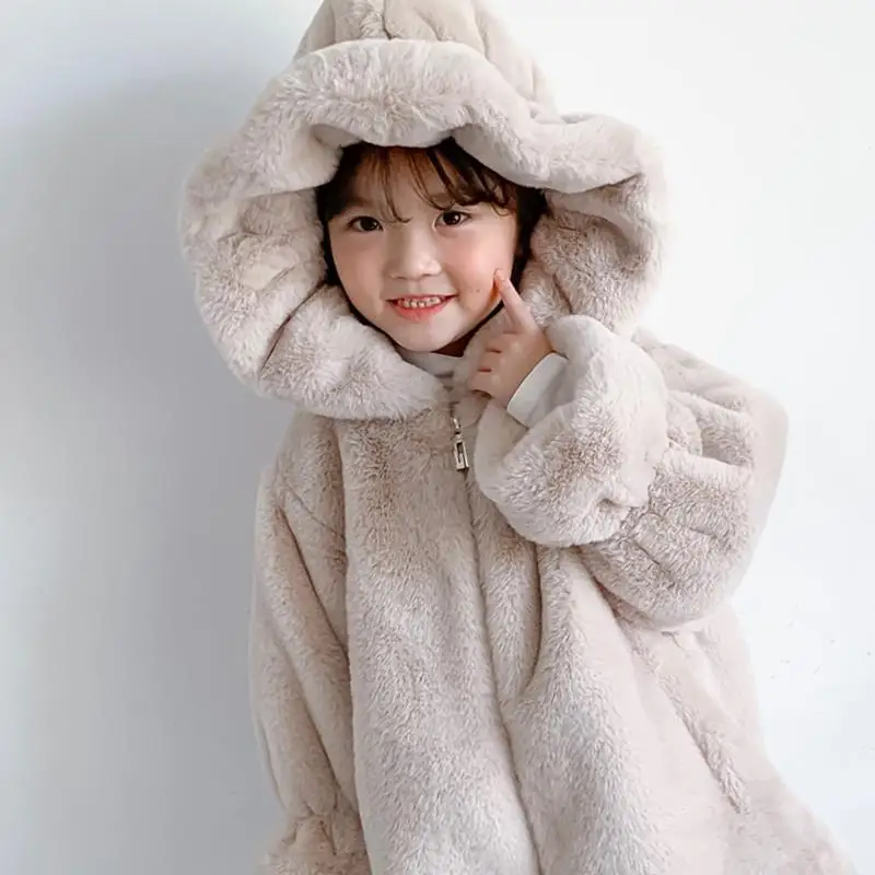 

Plush Jacket Girls Winter Imitation Rex Rabbit Fur Coat Mid-Length Oversize Loose Faux Fur Thick Warm Hooded Kids Fluffy Jacket