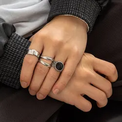 Set of 4 Retro Gothic Pattern Stainless Steel Adjustable Wide Rings for Men - Casual Style Jewelry (Silver Color 3)