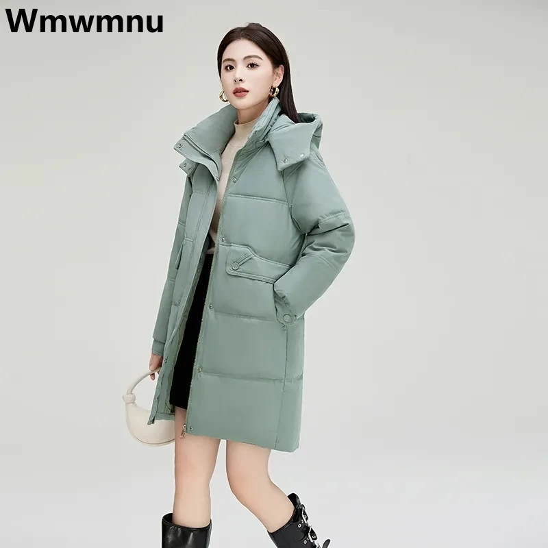 

Thicken Women Hooded Down Cotton Parkas Warm Winter Mid-length Jackets Korean Snow Padding Coats All-match Plus Size Outerwear