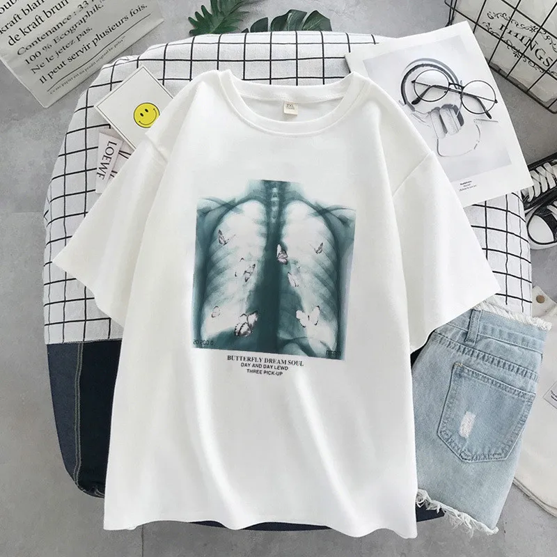 Oversized T-shirt Women Dark Skull Bones Heart and Lung Print T-shirt Funny Harajuku Summer Short Sleeve Streetwear Tee Tops cute summer crop tops Tees