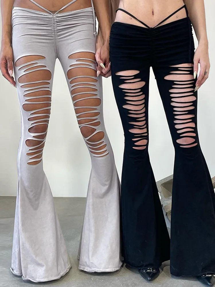 

KLALIEN Sexy Solid Hollow Out High Waist Flare Pants Women Summer Ruched Slim Lace Up Party Club Trousers y2k Streetwear Pants