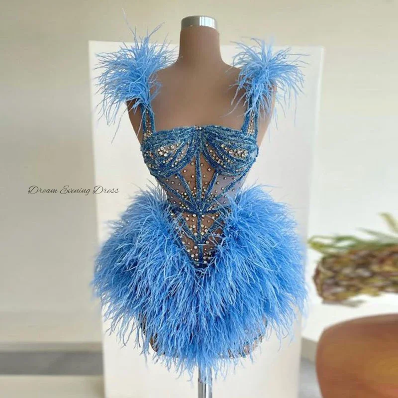 Dream Evening Dress Temperament Blue Lace Beaded Tulle miniskirt Poncho Short Dress Square Collar Feather A-Line Cocktail Dress