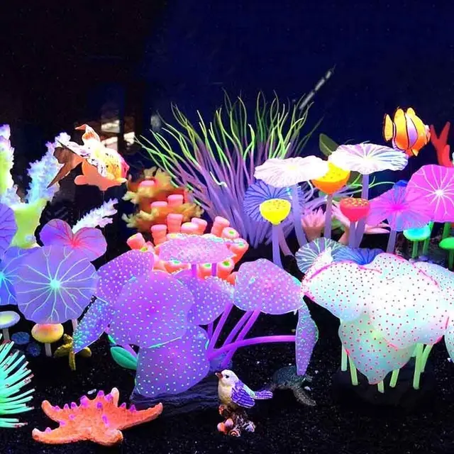 Glo Fish Tank Accessories Glowing Aquarium Decor Set: Silicone
