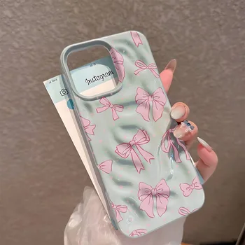 Pink Bow Print Mint Green Wavy Matte Phone Case For iPhone 16 Pro Case iPhone 17 14 11 13 12 15 Pro Max 16e Cover Funda 1