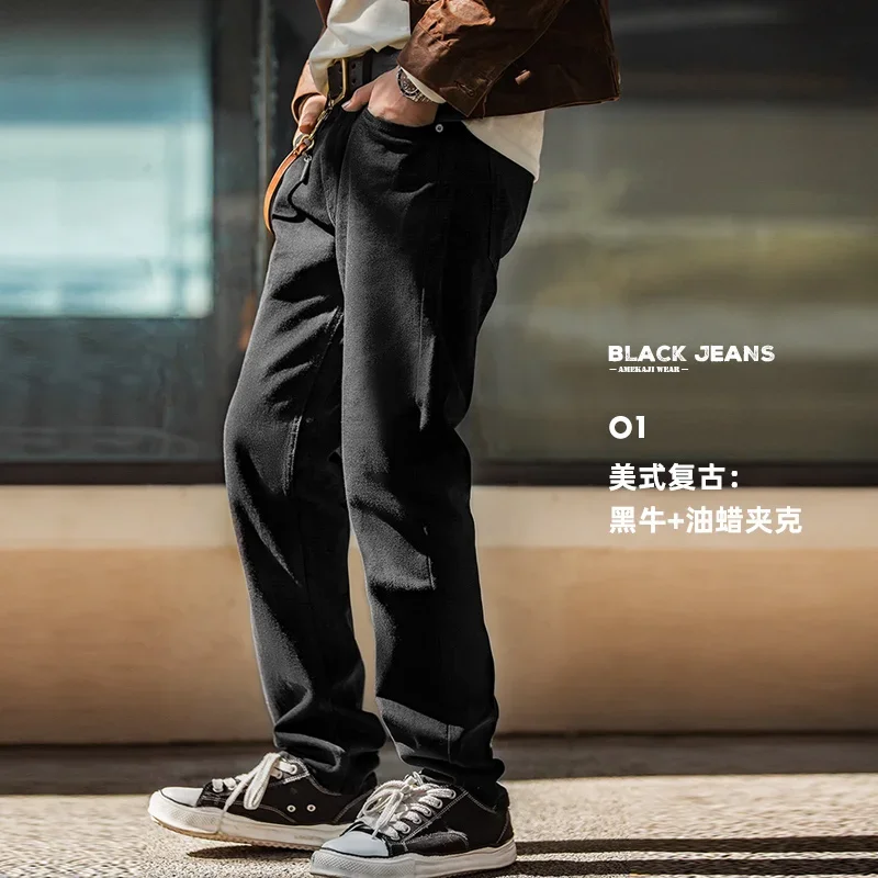 Maden Men Baggy Denim Jeans American Retro Pure Black Mid-waist Jeans Water Washed Straight Pocket Classic Style Tannin Pants 3