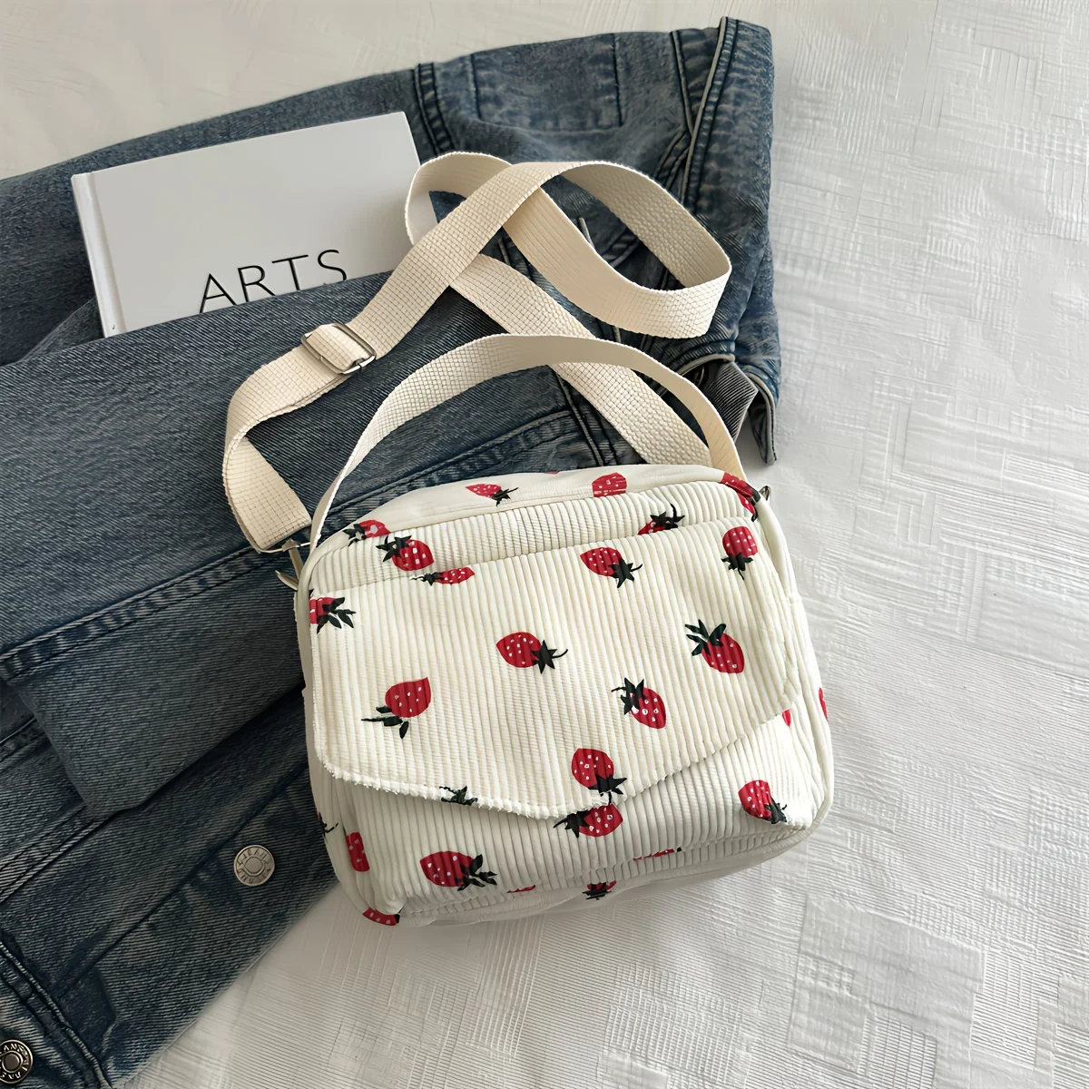 Cute Strawberry Print Corduroy Crossbody Bag, Versatile Small Shoulder Purse, Perfect for Daily Use Work Casual Travel Outings
