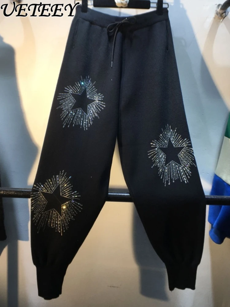 

Autumn and Winter New High Temperature Rhinestone High Waist Loose and Slimming Thickened Knitting Harem Pants Women's Trousers