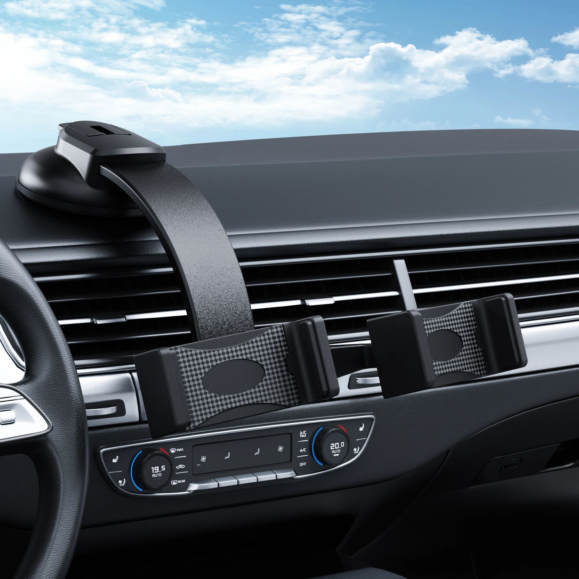 

Двойной держатель телефона для автомобиля с памятью и поворотным на 360 ° креплением для 2 iPhone, Samsung, GPS и многое другое