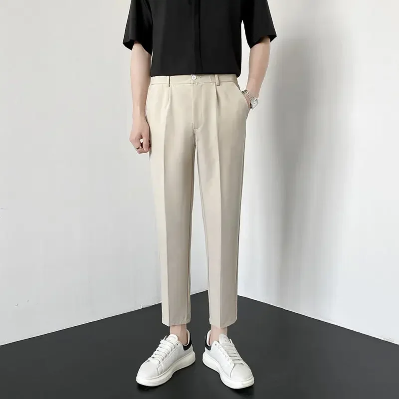 thumbnail image 1 of Pantalones holgados y elásticos para hombre, pantalones de oficina rectos y recortados, ropa de trabajo elástica fluida, vestido de estilo coreano, 1 of 5