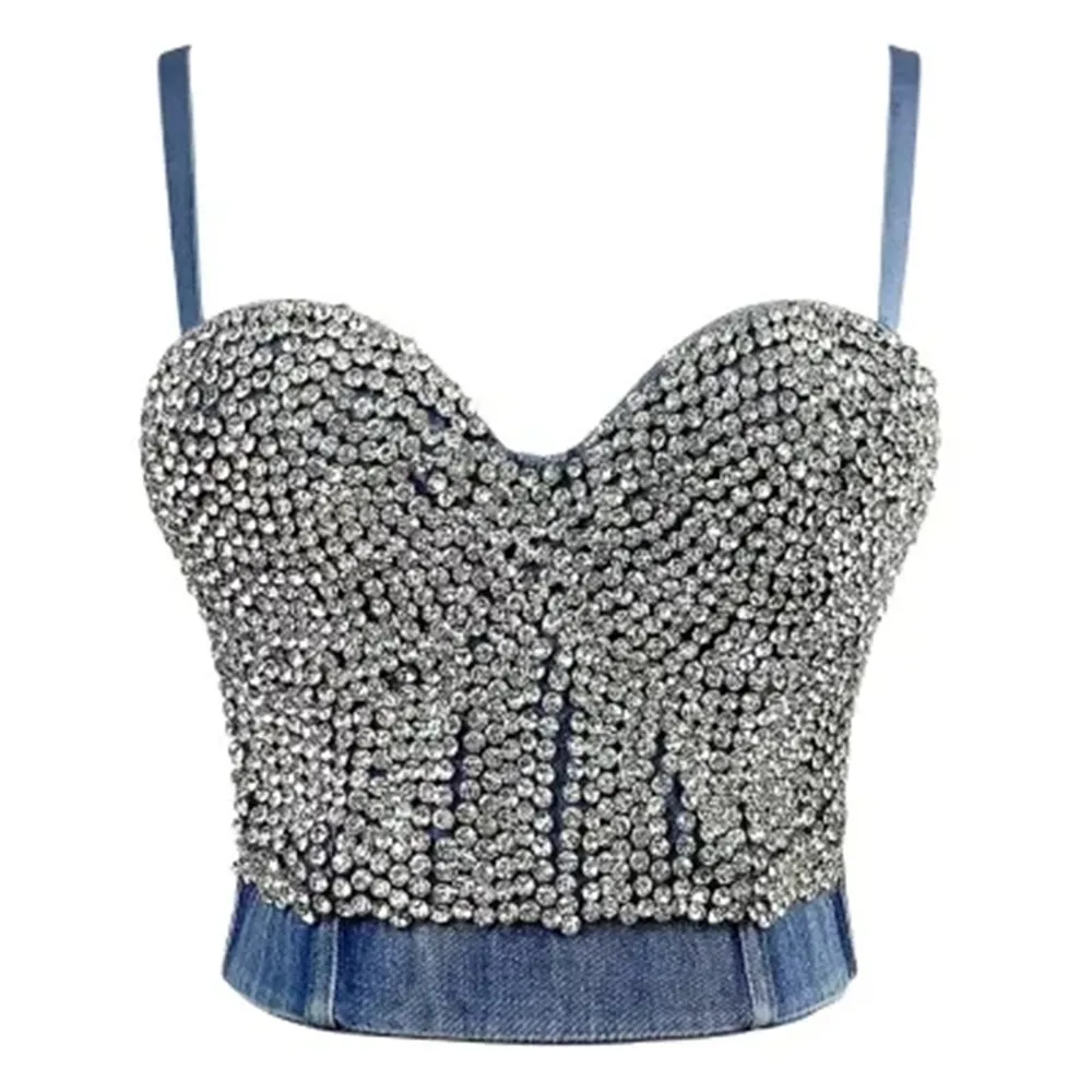 

Fashion Hand-made Pearls Bralet Corselets Streetwear Tank Tops Women's Bustier Bra Cropped Top Sexy Denim Vest Summer 2023