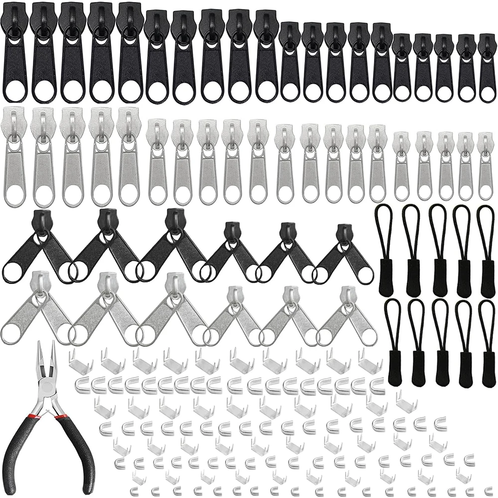 185 PCS Zipper Repair Kit Replacement Zipper Pulls Install Pliers Tool For Bags Clothes Jackets Tents Repair Tool