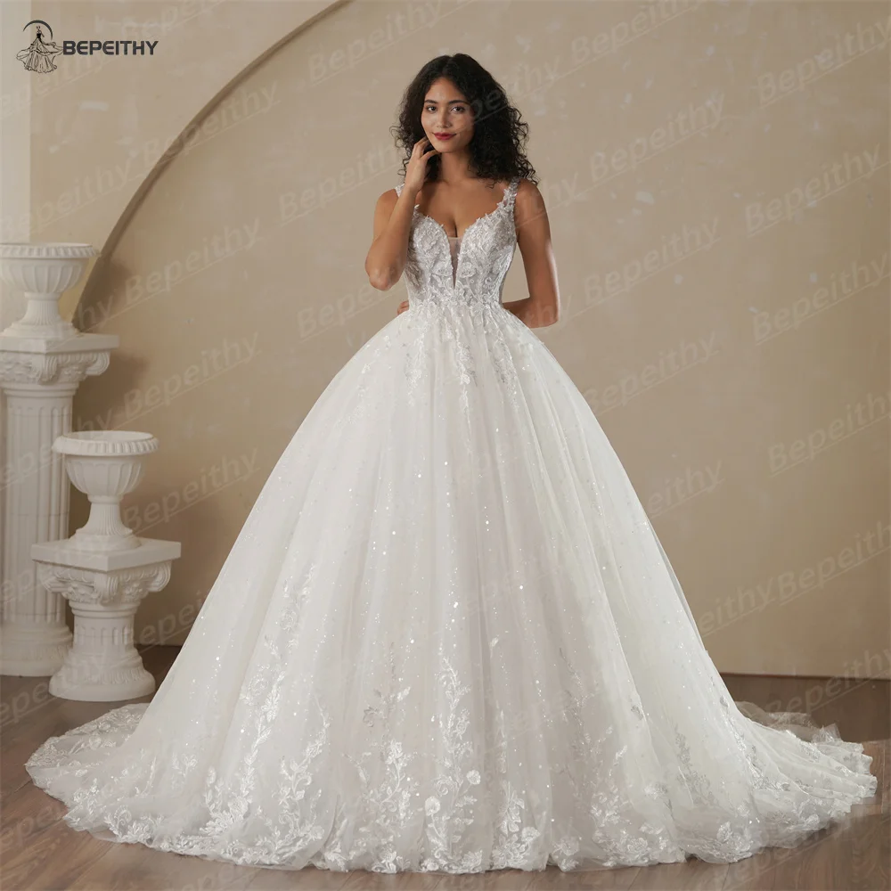BEPEITHY Customized V Neck Bride Shinny Wedding Dresses 2025 Spring Sleeveless Ivory Sexy Low Back Bridal Lace Gown Vestidos 6