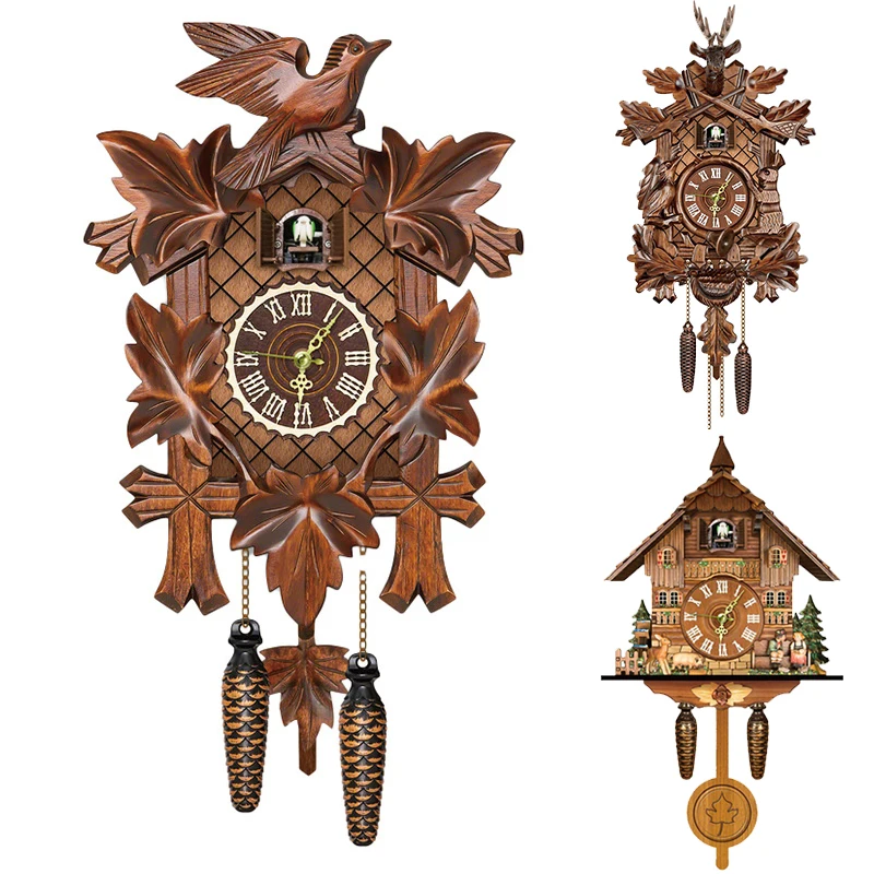 Cuckoo Clock Living Room Wall Clock Handicraft Vintage Wooden Cuckoo Tree House for Bedroom Office 45cm wall clock