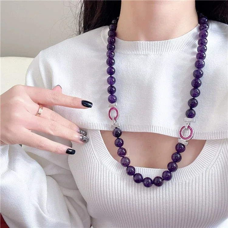 New natural 12mm amethyst round bead necklace bracelet set